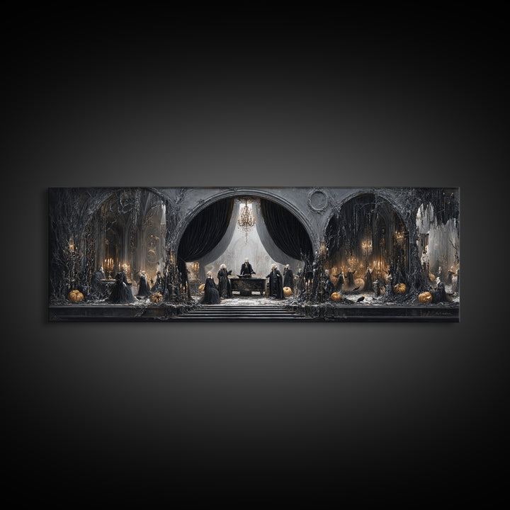 The Raven Funeral, Extra Wide Wall Art, Macabre Wall Art, Framed Canvas Print, Halloween Wall Decor, Gothic Home Decor, Halloween Wall Art