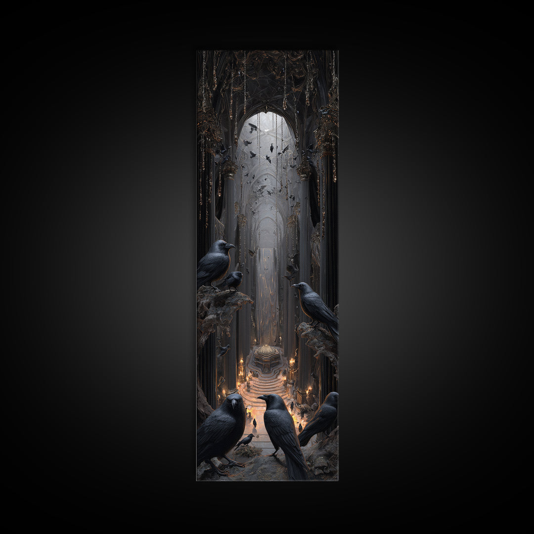 The Raven Funeral, Tall Narrow Wall Art, Gothic Horror Wall Art, Framed Canvas Print, Halloween Wall Decor, Gothic Home Decor