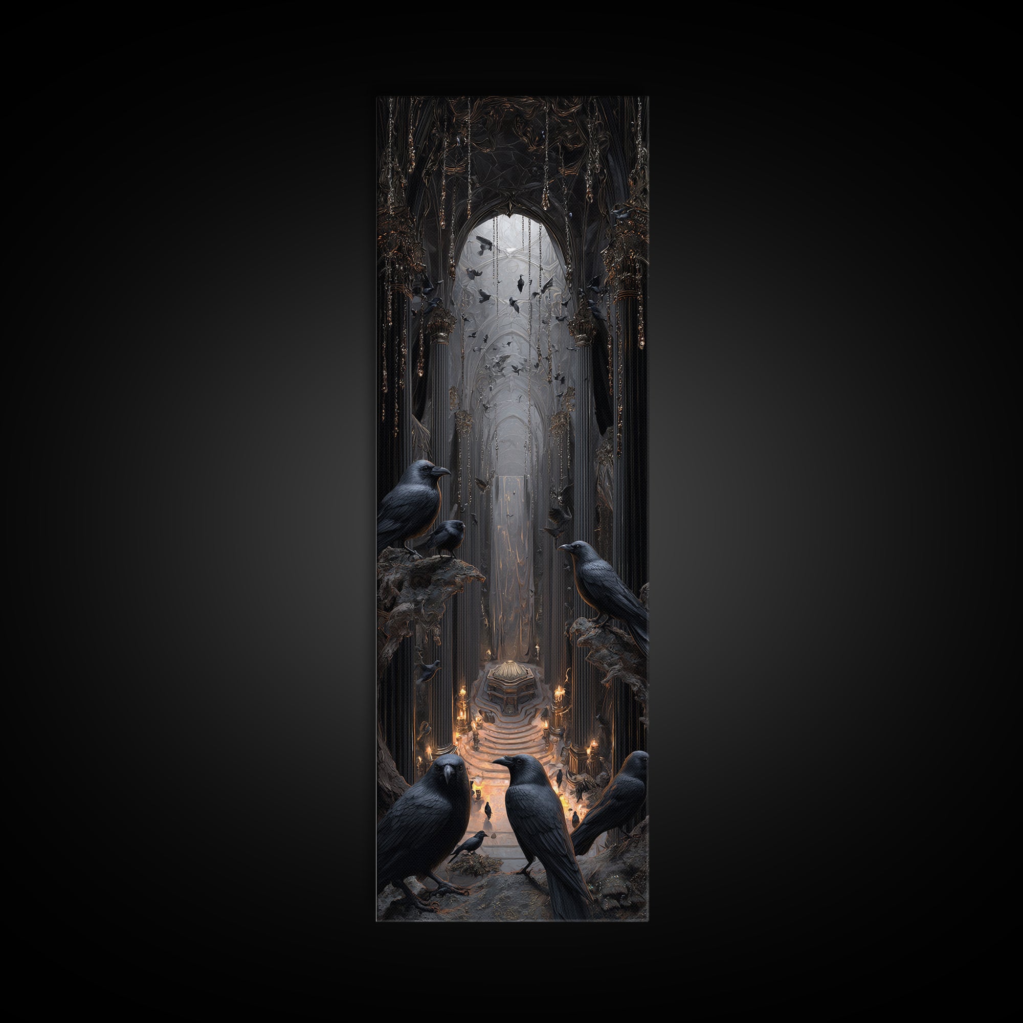 The Raven Funeral, Tall Narrow Wall Art, Gothic Horror Wall Art, Framed Canvas Print, Halloween Wall Decor, Gothic Home Decor