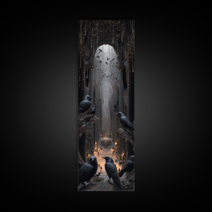 The Raven Funeral, Tall Narrow Wall Art, Gothic Horror Wall Art, Framed Canvas Print, Halloween Wall Decor, Gothic Home Decor