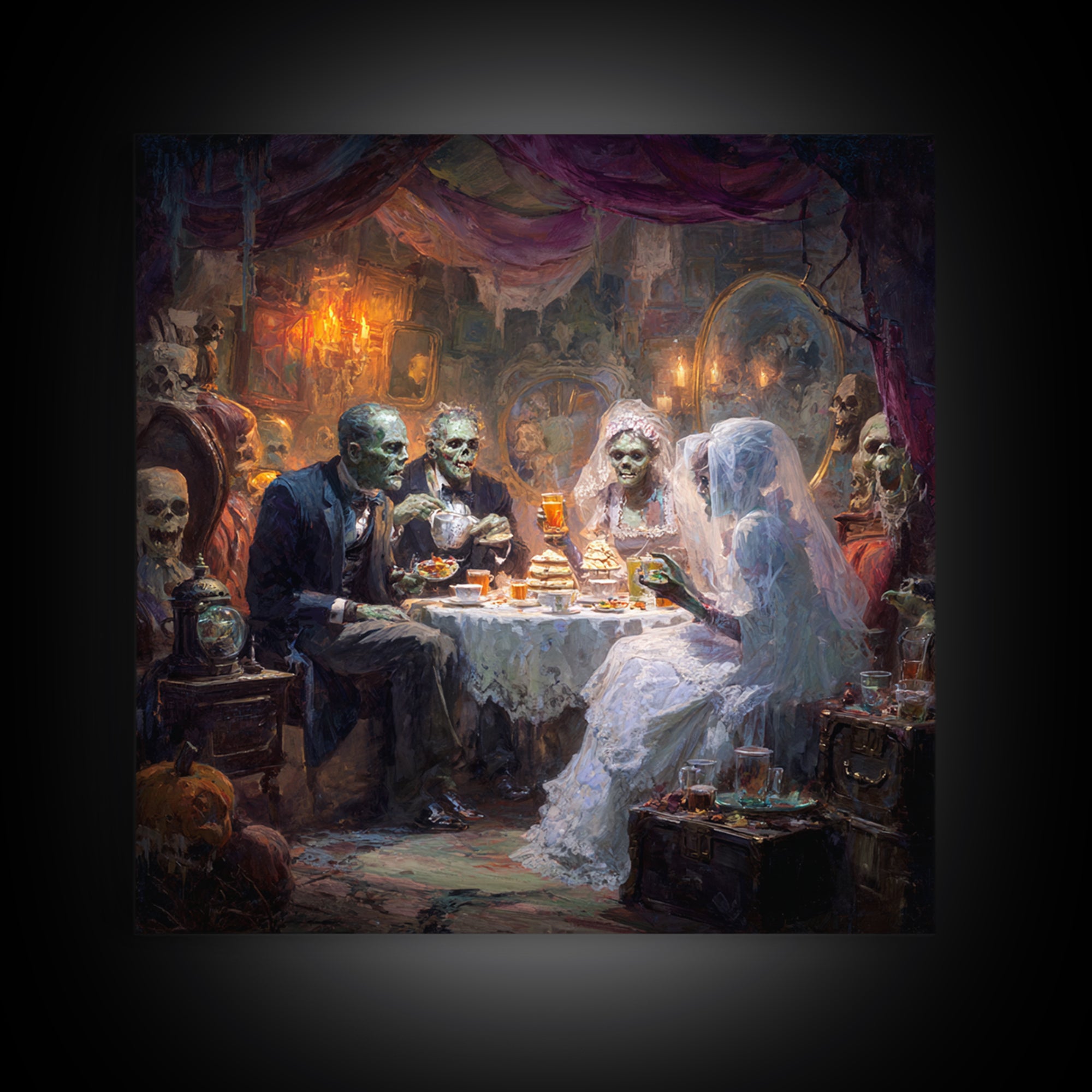 The Zombie Picnic, Square Wall Art, Gothic Horror Wall Art, Framed Canvas Print, Halloween Wall Decor, Gothic Home Decor, Spooky Wall Decor