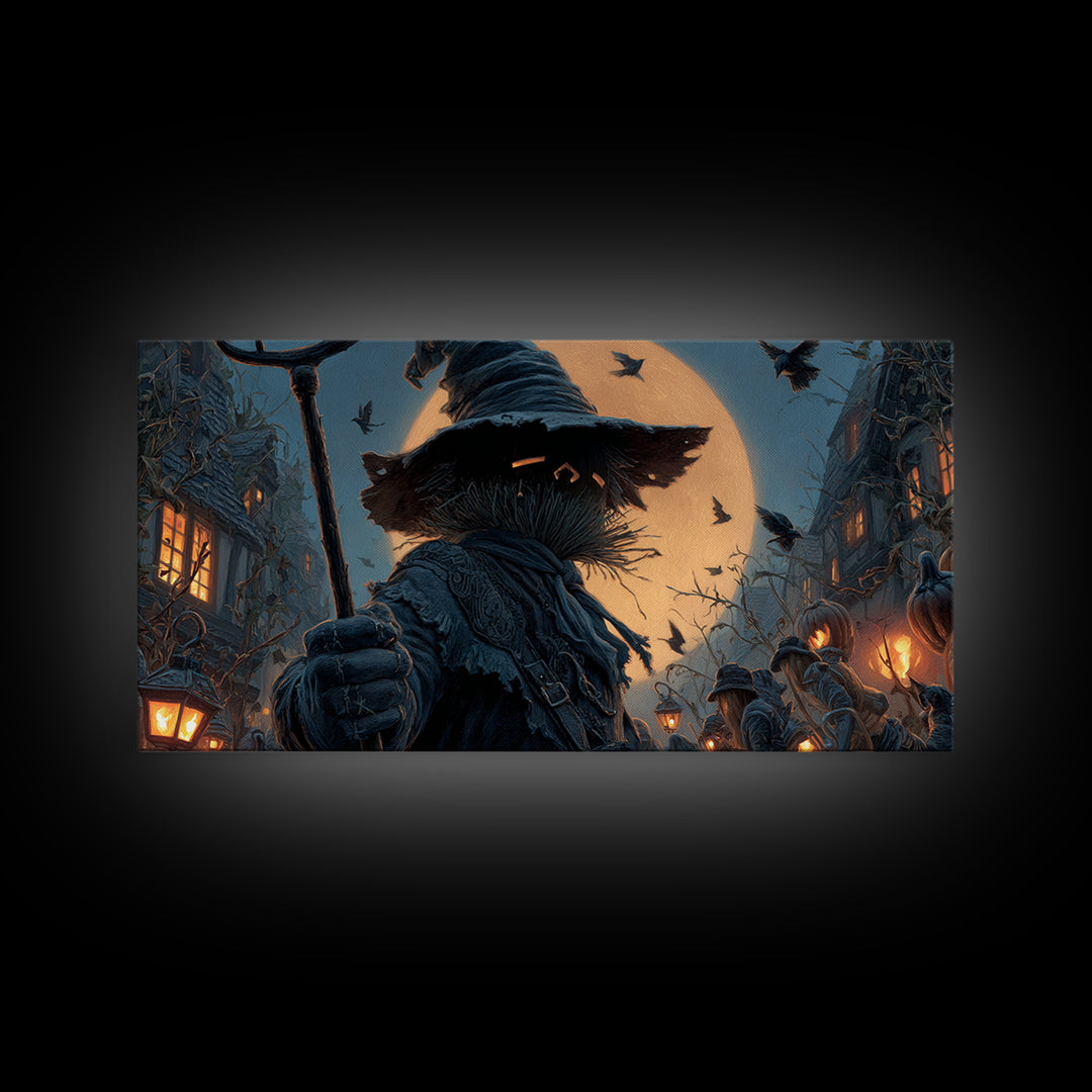 The Scarecrow Uprising, Wide Panoramic Art, Haunted Gothic Art, Framed Canvas Print, Halloween Wall Decor, Gothic Home Decor