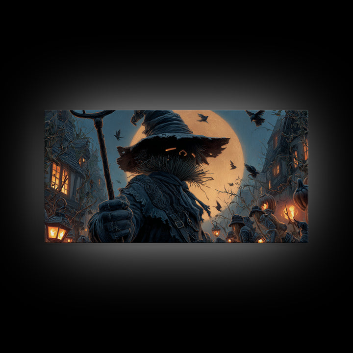 The Scarecrow Uprising, Wide Panoramic Art, Haunted Gothic Art, Framed Canvas Print, Halloween Wall Decor, Gothic Home Decor