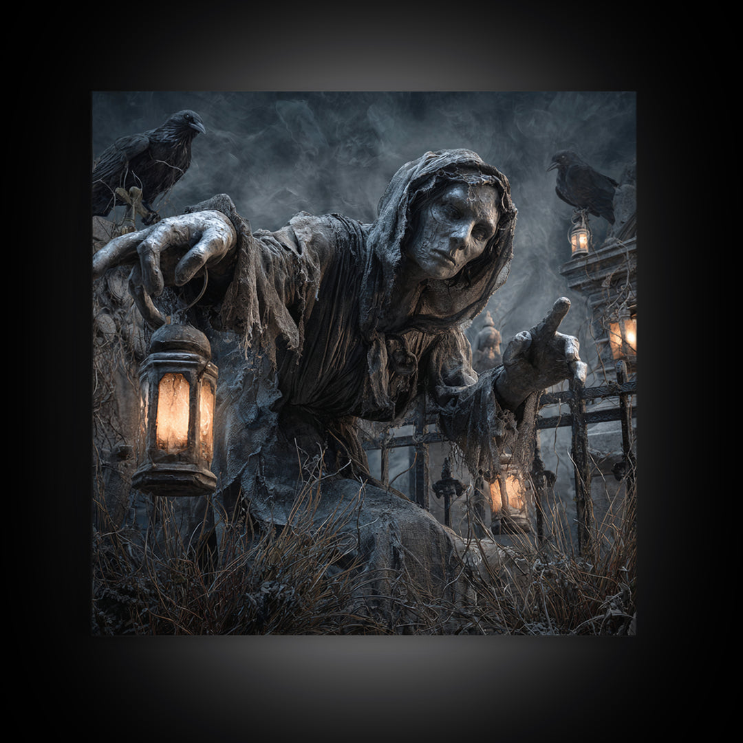 The Cemetery Lantern Festival, Square Wall Art, Haunted Gothic Art, Framed Canvas Print, Halloween Wall Decor, Gothic Home Decor