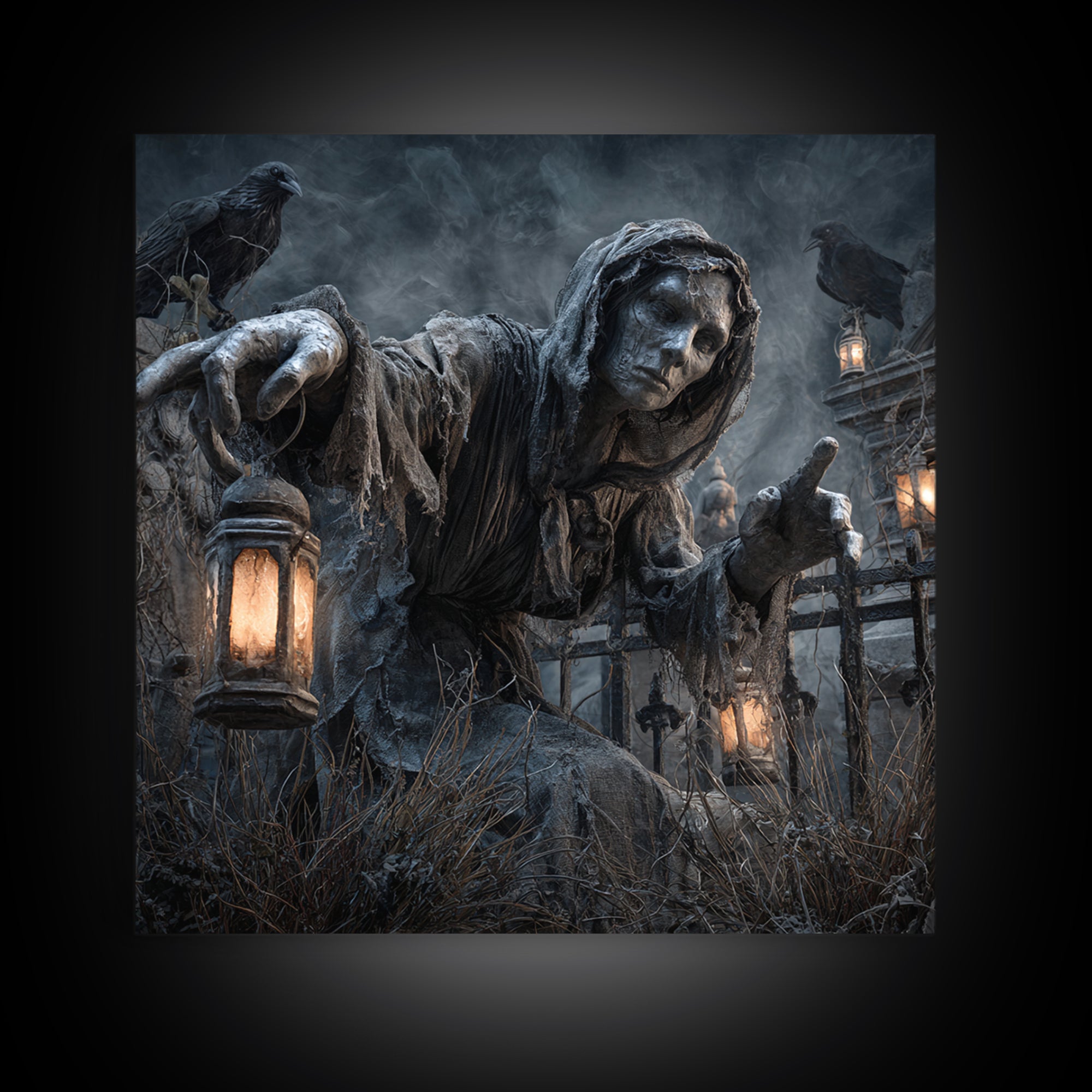 The Cemetery Lantern Festival, Square Wall Art, Haunted Gothic Art, Framed Canvas Print, Halloween Wall Decor, Gothic Home Decor