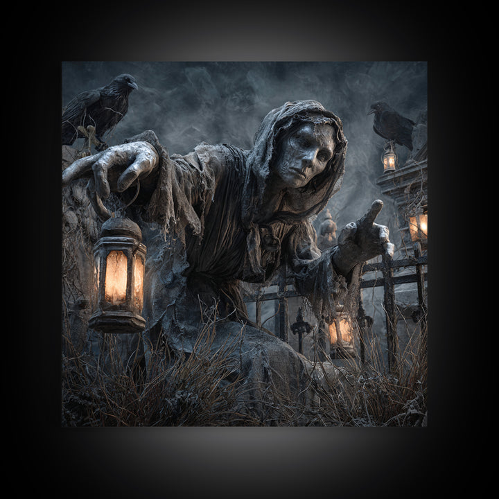 The Cemetery Lantern Festival, Square Wall Art, Haunted Gothic Art, Framed Canvas Print, Halloween Wall Decor, Gothic Home Decor
