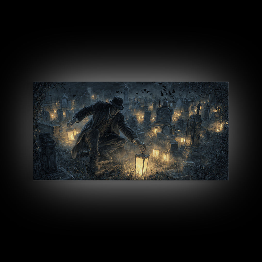 The Cemetery Lantern Festival, Wide Panoramic Art, Dark Fantasy Wall Art, Canvas Print, Halloween Wall Decor, Gothic Home Decor