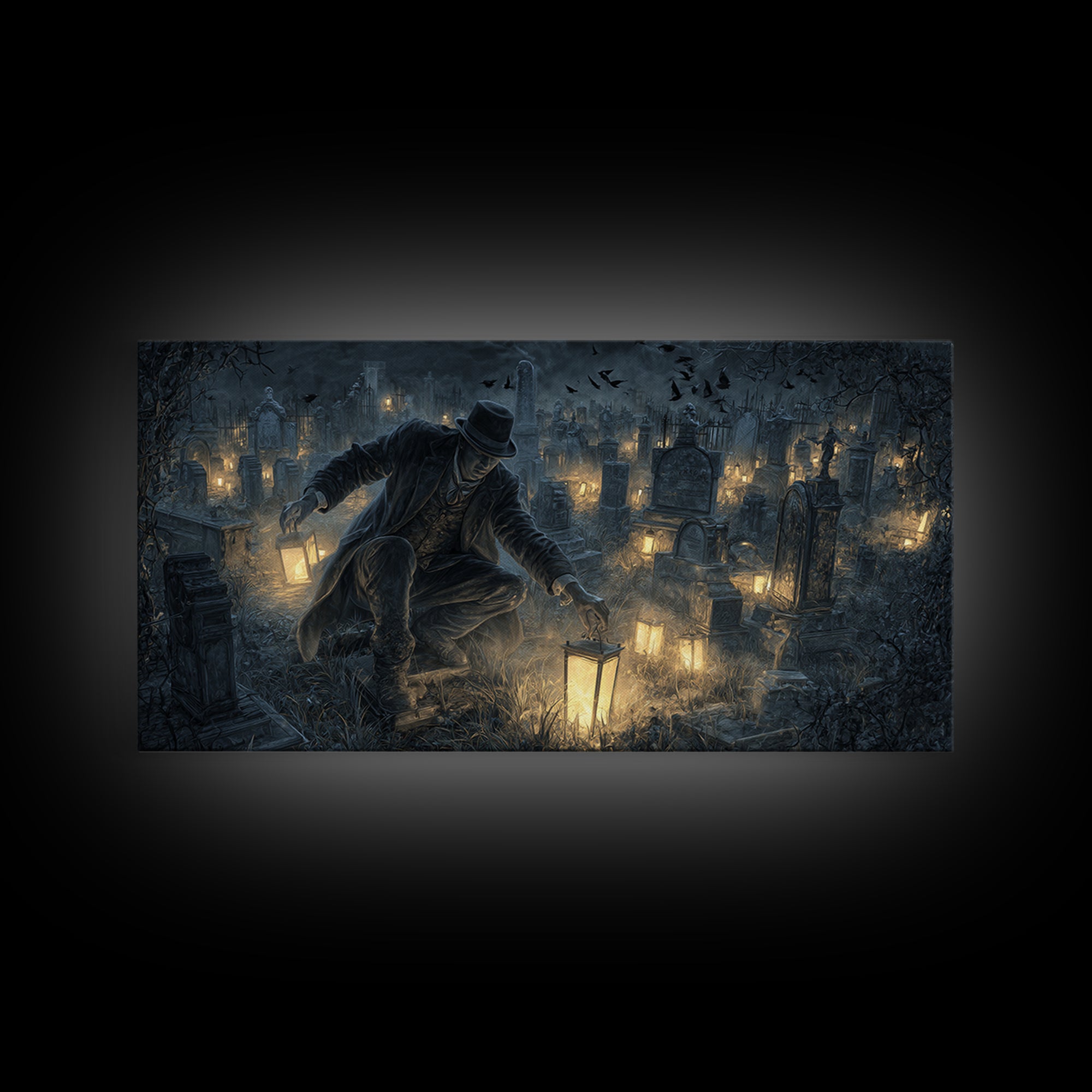 The Cemetery Lantern Festival, Wide Panoramic Art, Dark Fantasy Wall Art, Canvas Print, Halloween Wall Decor, Gothic Home Decor