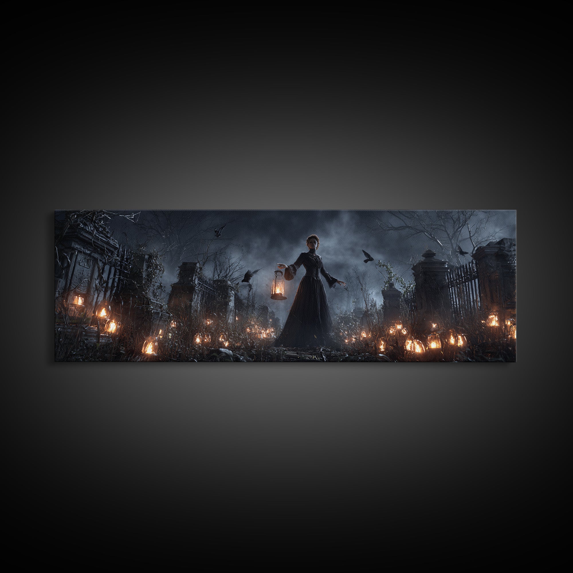 The Cemetery Lantern Festival, Extra Wide Wall Art, Macabre Wall Art, Framed Canvas Print, Halloween Wall Decor, Gothic Home Decor