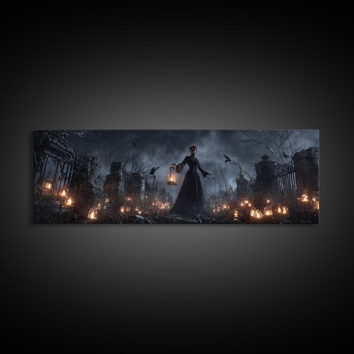The Cemetery Lantern Festival, Extra Wide Wall Art, Macabre Wall Art, Framed Canvas Print, Halloween Wall Decor, Gothic Home Decor