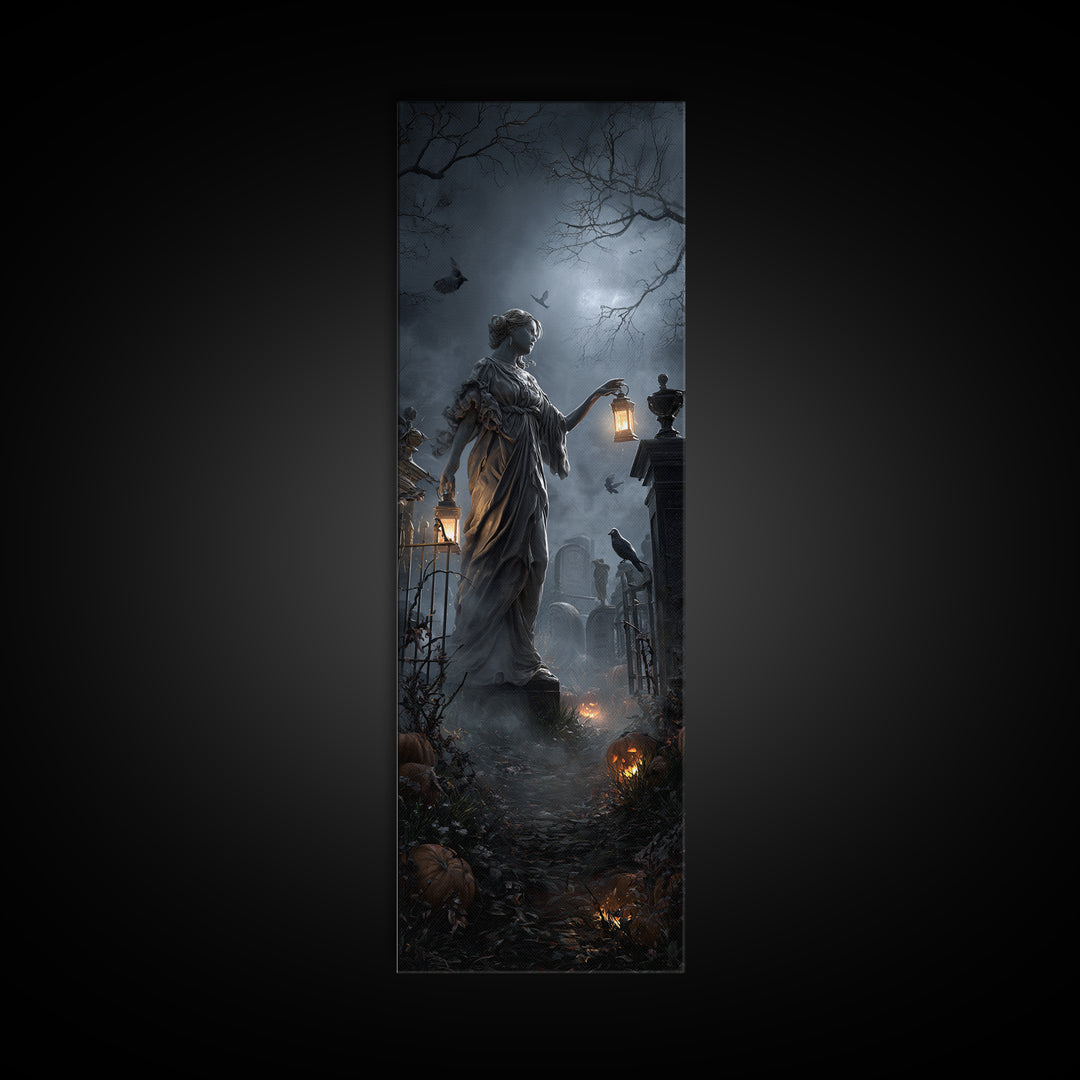 The Cemetery Lantern Festival, Tall Narrow Wall Art, Macabre Wall Art, Framed Canvas Print, Halloween Wall Decor, Gothic Home Decor