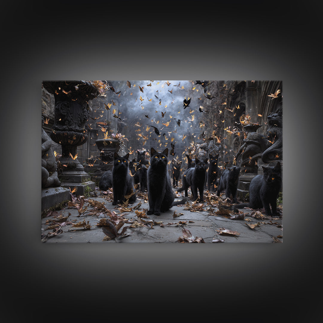 The Black Cat Gathering, Landscape Wall Art, Haunted Gothic Art, Framed Canvas Print, Halloween Wall Decor, Gothic Home Decor