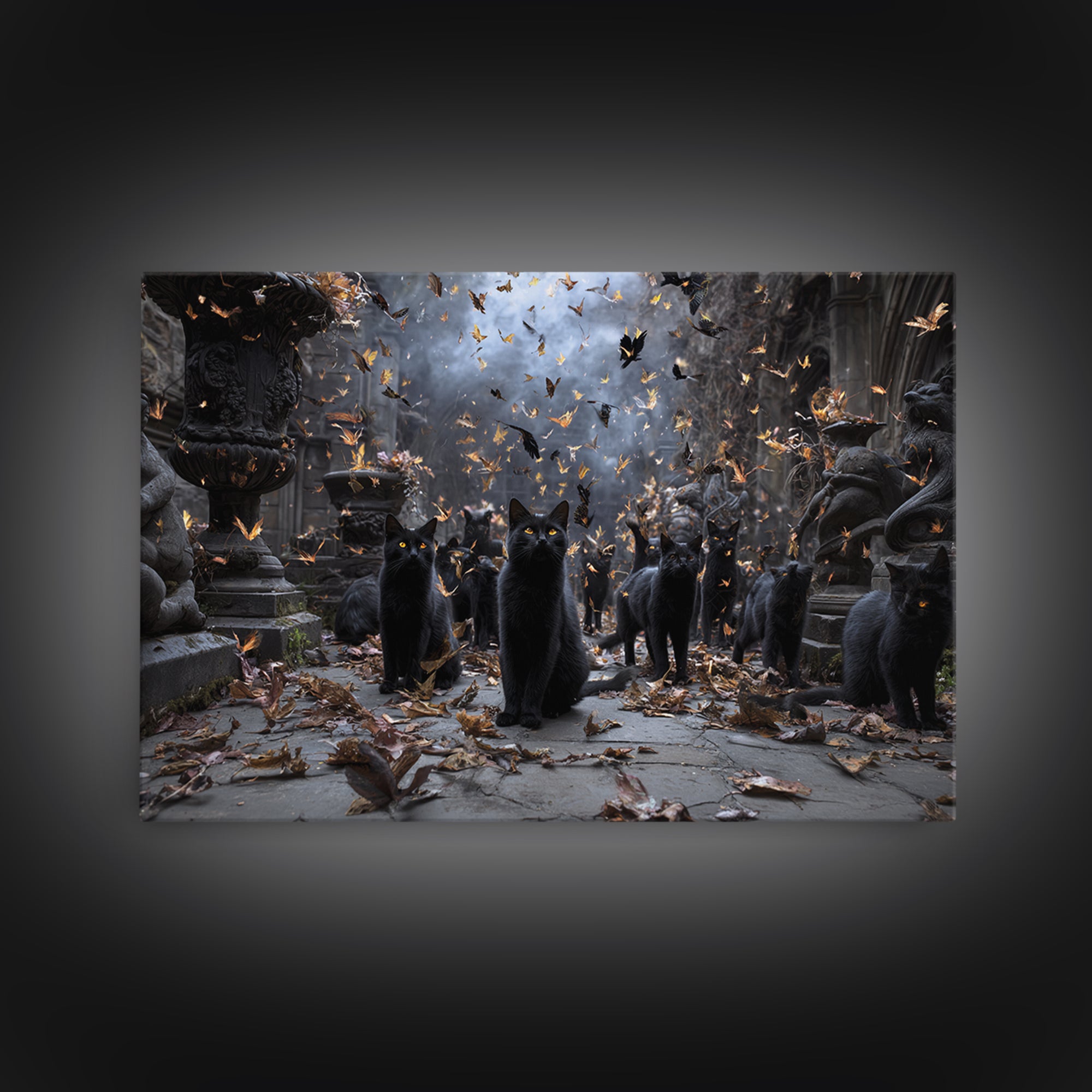 The Black Cat Gathering, Landscape Wall Art, Haunted Gothic Art, Framed Canvas Print, Halloween Wall Decor, Gothic Home Decor