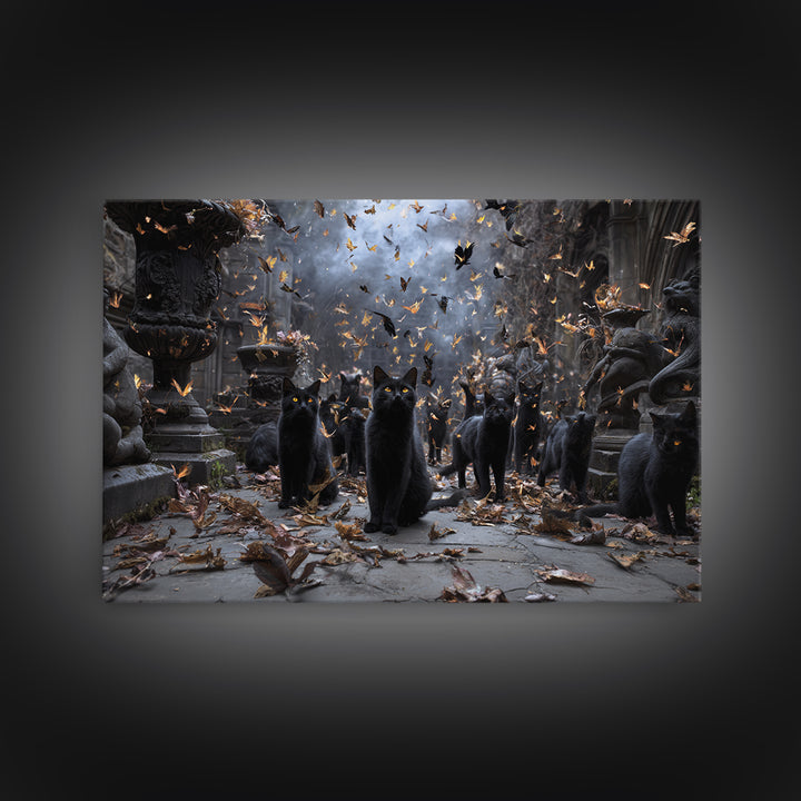 The Black Cat Gathering, Landscape Wall Art, Haunted Gothic Art, Framed Canvas Print, Halloween Wall Decor, Gothic Home Decor