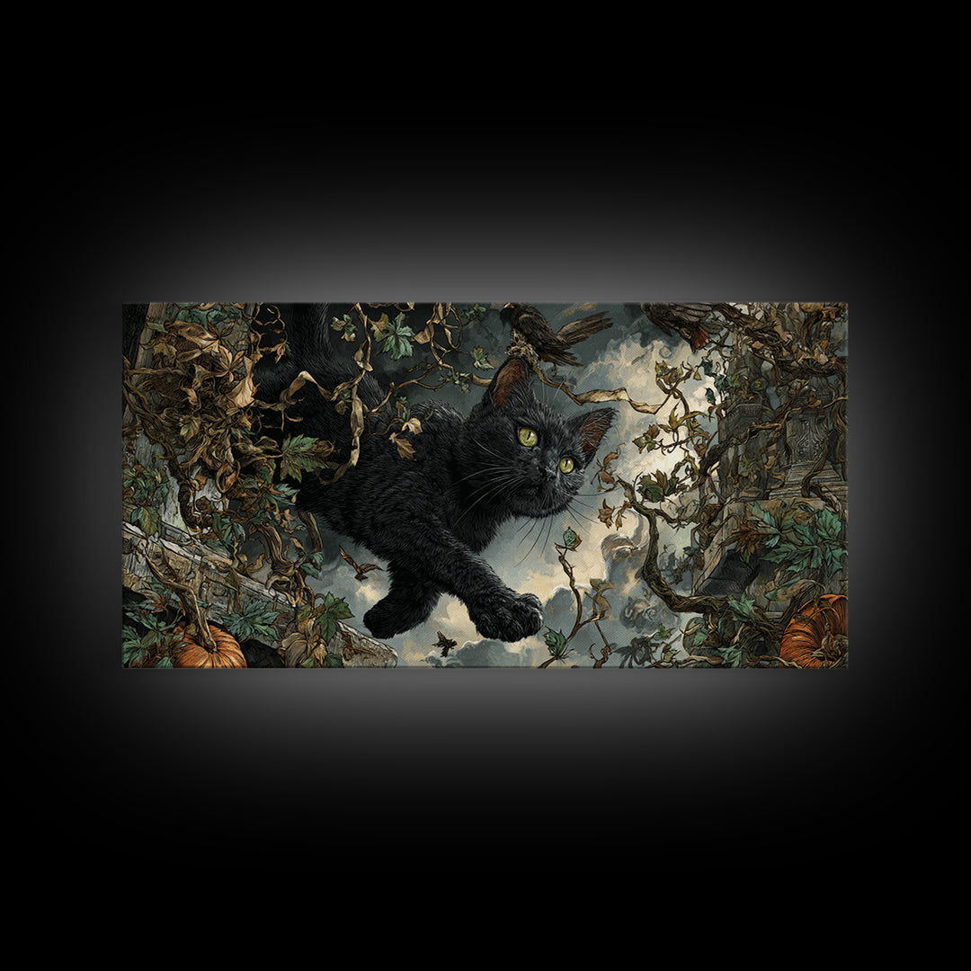The Black Cat Gathering, Wide Panoramic Art, Gothic Horror Wall Art, Framed Canvas Print, Halloween Wall Decor, Gothic Home Decor