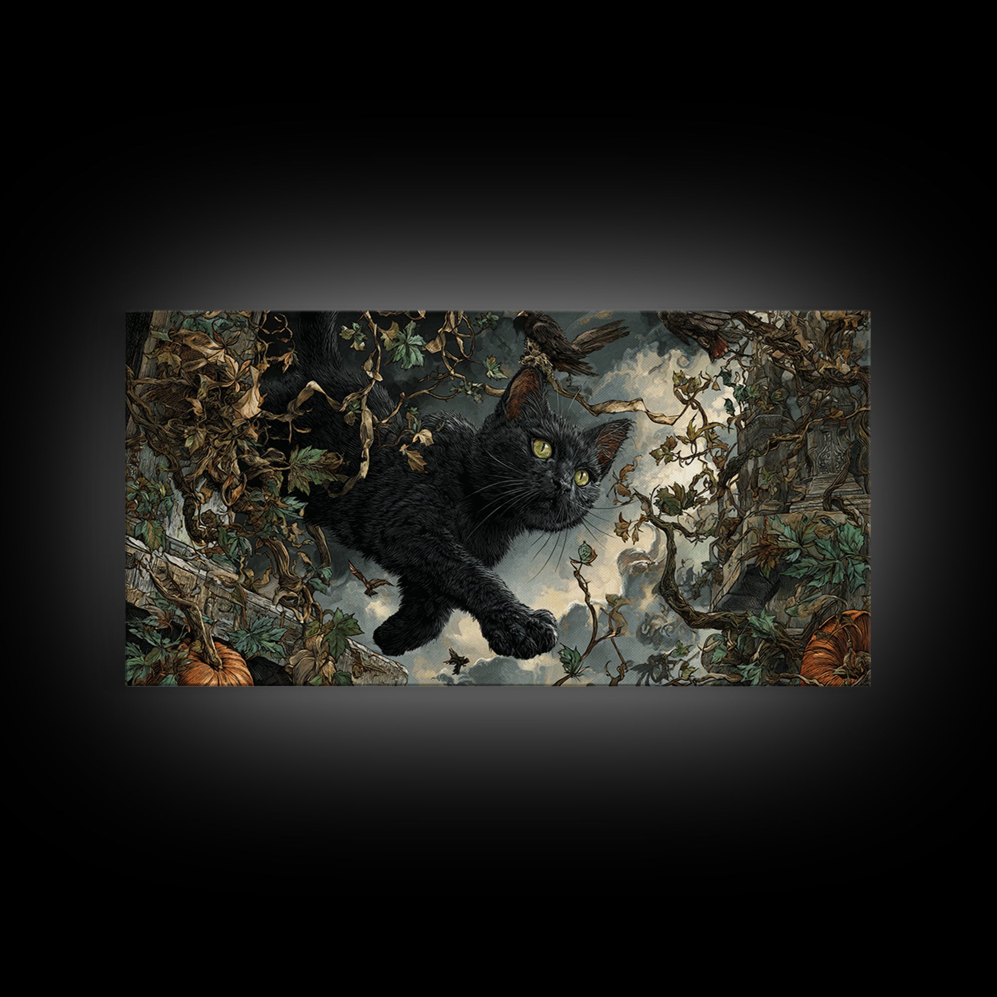The Black Cat Gathering, Wide Panoramic Art, Gothic Horror Wall Art, Framed Canvas Print, Halloween Wall Decor, Gothic Home Decor