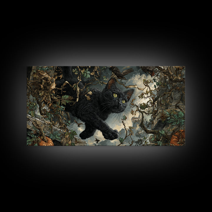 The Black Cat Gathering, Wide Panoramic Art, Gothic Horror Wall Art, Framed Canvas Print, Halloween Wall Decor, Gothic Home Decor