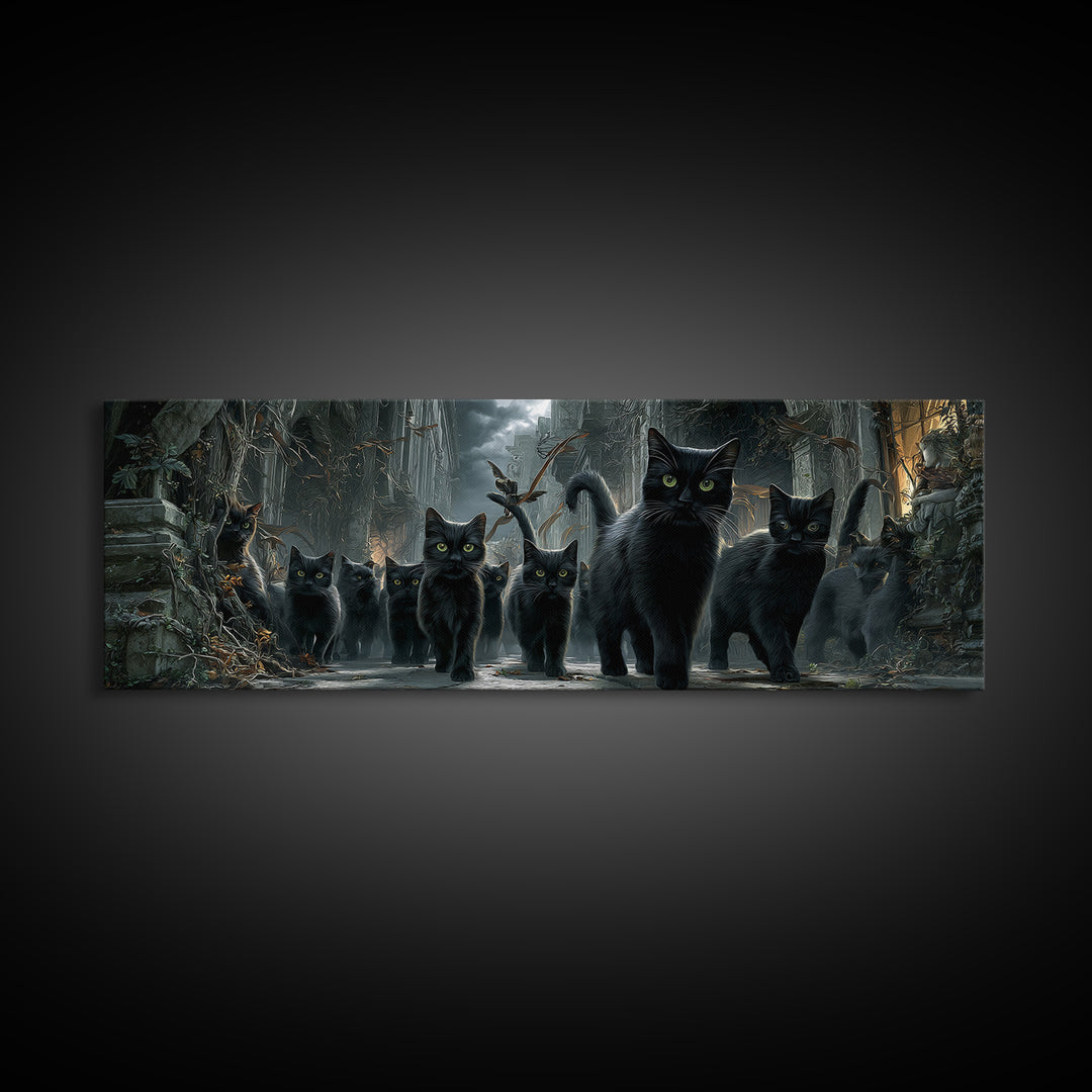The Black Cat Gathering, Extra Wide Wall Art, Gothic Horror Wall Art, Framed Canvas Print, Halloween Wall Decor, Gothic Home Decor