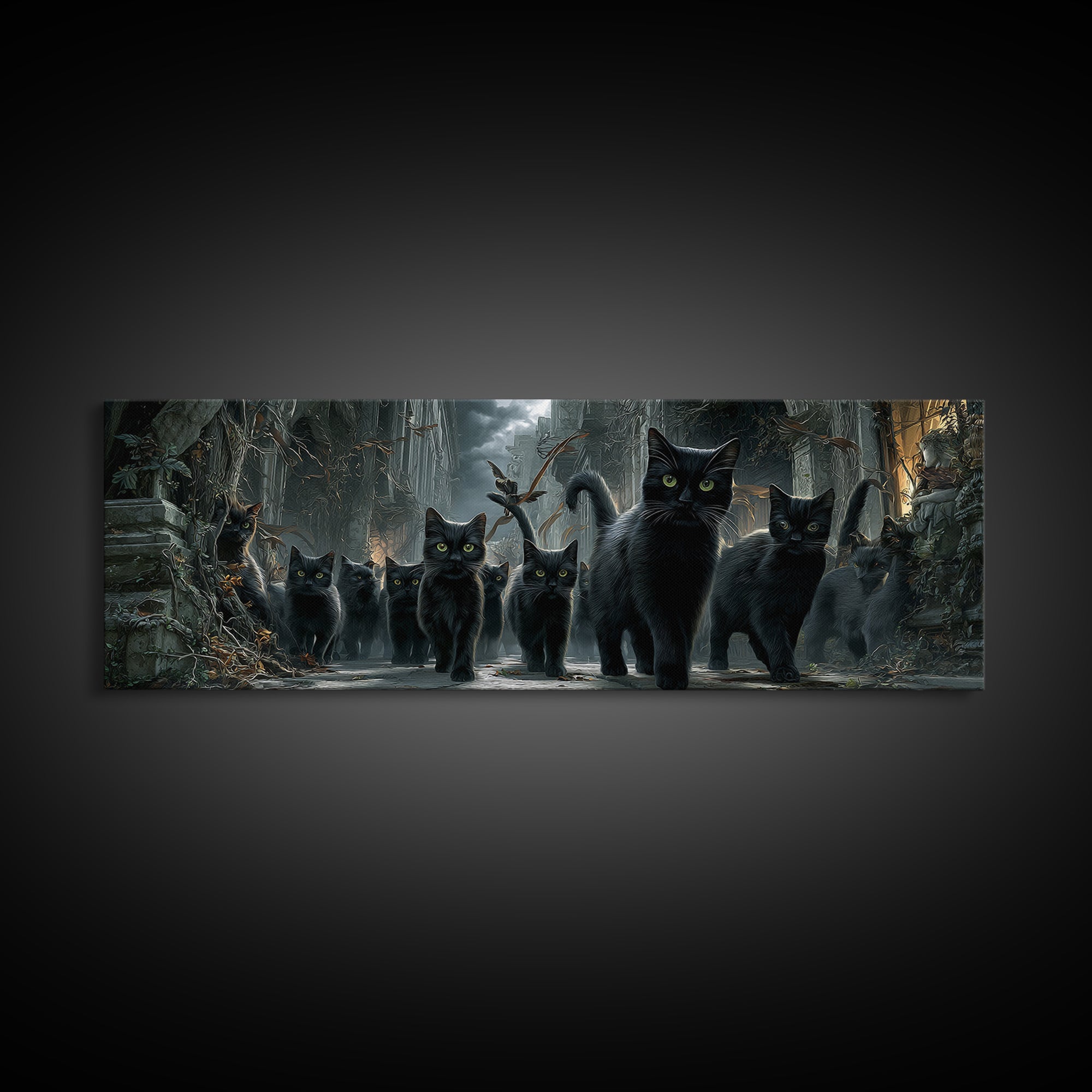 The Black Cat Gathering, Extra Wide Wall Art, Gothic Horror Wall Art, Framed Canvas Print, Halloween Wall Decor, Gothic Home Decor