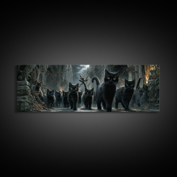 The Black Cat Gathering, Extra Wide Wall Art, Gothic Horror Wall Art, Framed Canvas Print, Halloween Wall Decor, Gothic Home Decor