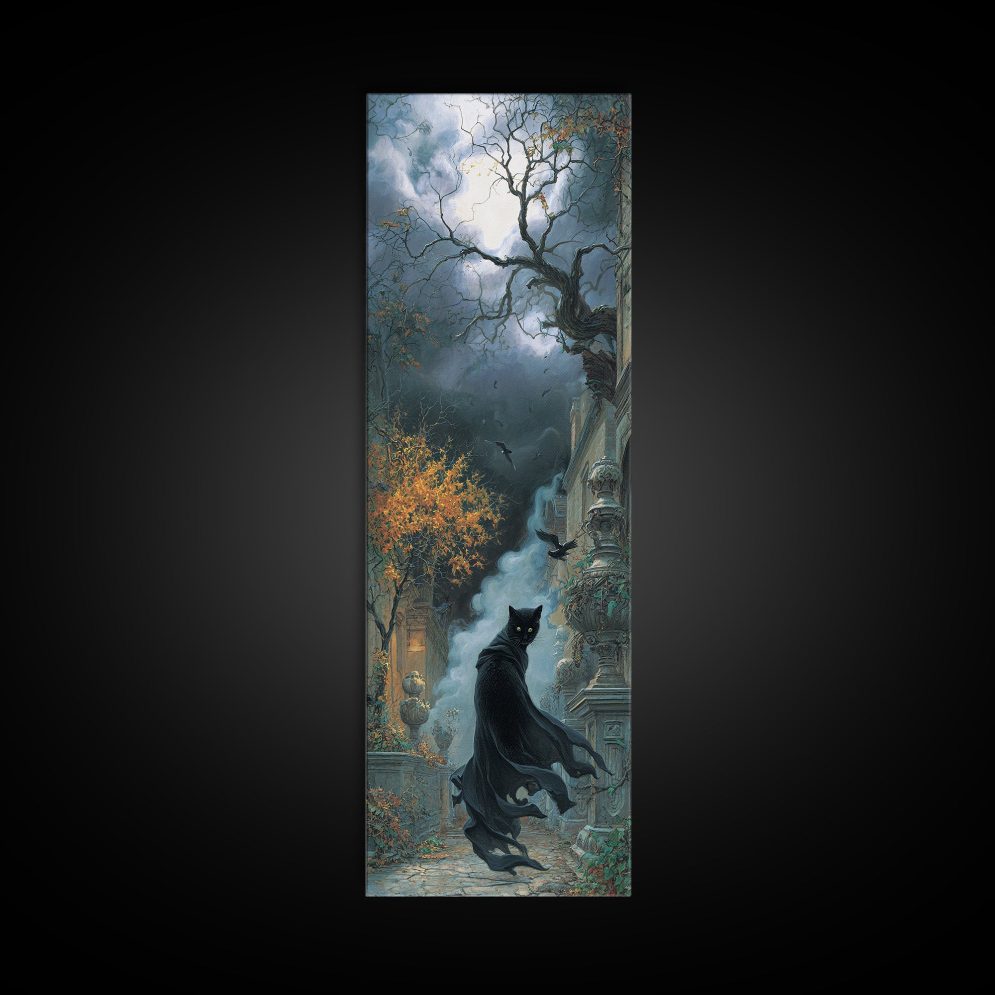 The Black Cat Gathering, Tall Narrow Wall Art, Dark Halloween Decor, Canvas Print, Halloween Wall Decor, Gothic Home Decor