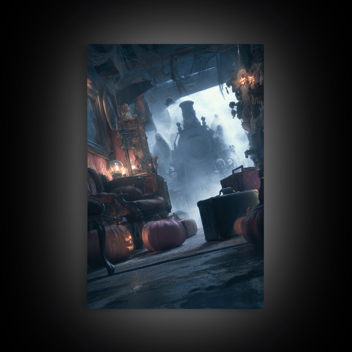 The Ghost Train Arrival, Vertical Wall Art, Haunted Gothic Art, Framed Canvas Print, Halloween Wall Decor, Gothic Home Decor