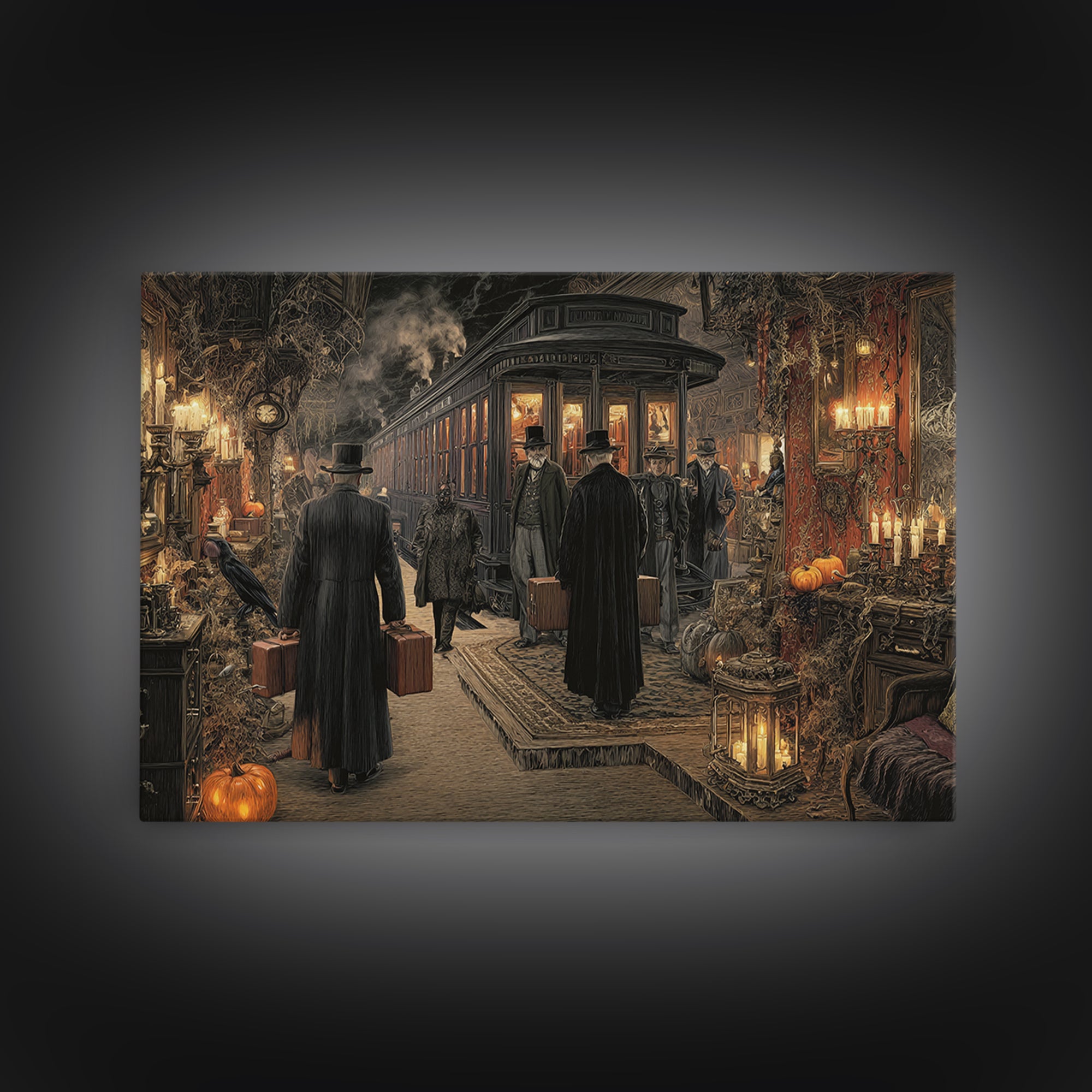 The Ghost Train Arrival, Landscape Wall Art, Haunted Gothic Art, Framed Canvas Print, Halloween Wall Decor, Gothic Home Decor
