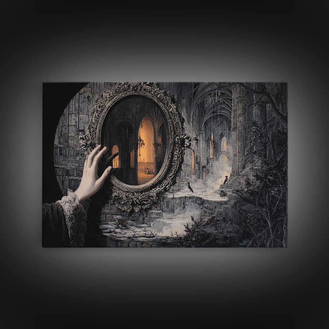 The Cursed Mirror, Landscape Wall Art, Haunted Gothic Art, Framed Canvas Print, Halloween Wall Decor, Gothic Home Decor, Halloween Wall Art