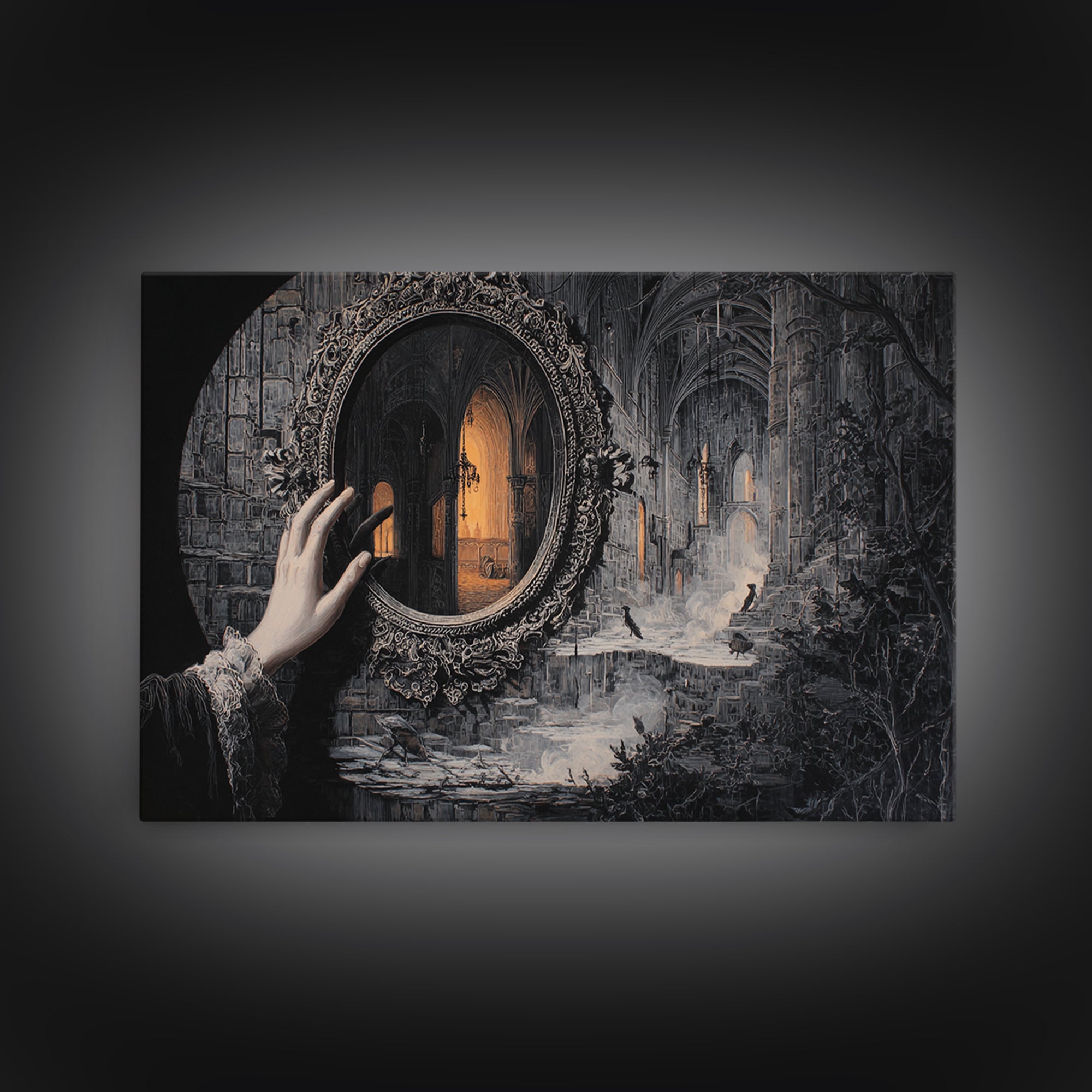 The Cursed Mirror, Landscape Wall Art, Haunted Gothic Art, Framed Canvas Print, Halloween Wall Decor, Gothic Home Decor, Halloween Wall Art