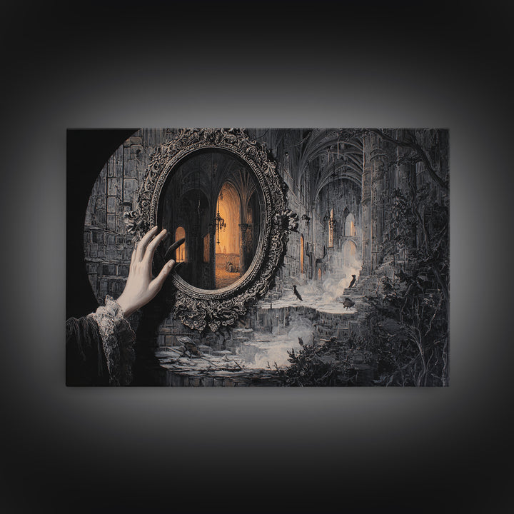 The Cursed Mirror, Landscape Wall Art, Haunted Gothic Art, Framed Canvas Print, Halloween Wall Decor, Gothic Home Decor, Halloween Wall Art