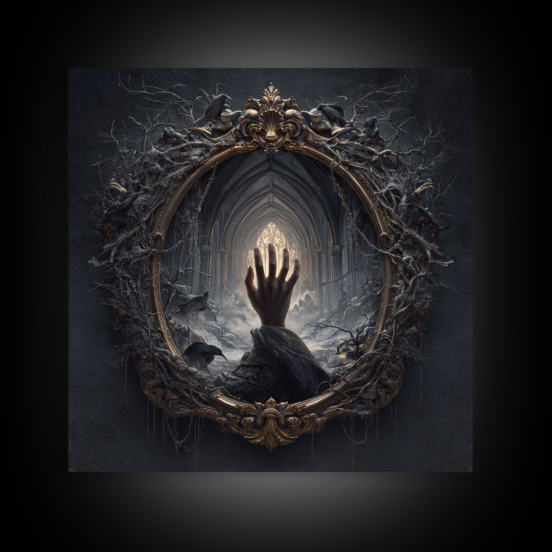 The Cursed Mirror, Square Wall Art, Macabre Wall Art, Framed Canvas Print, Halloween Wall Decor, Gothic Home Decor, Halloween Decor