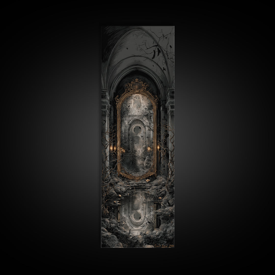 The Cursed Mirror, Tall Narrow Wall Art, Gothic Horror Wall Art, Framed Canvas Print, Halloween Wall Decor, Gothic Home Decor