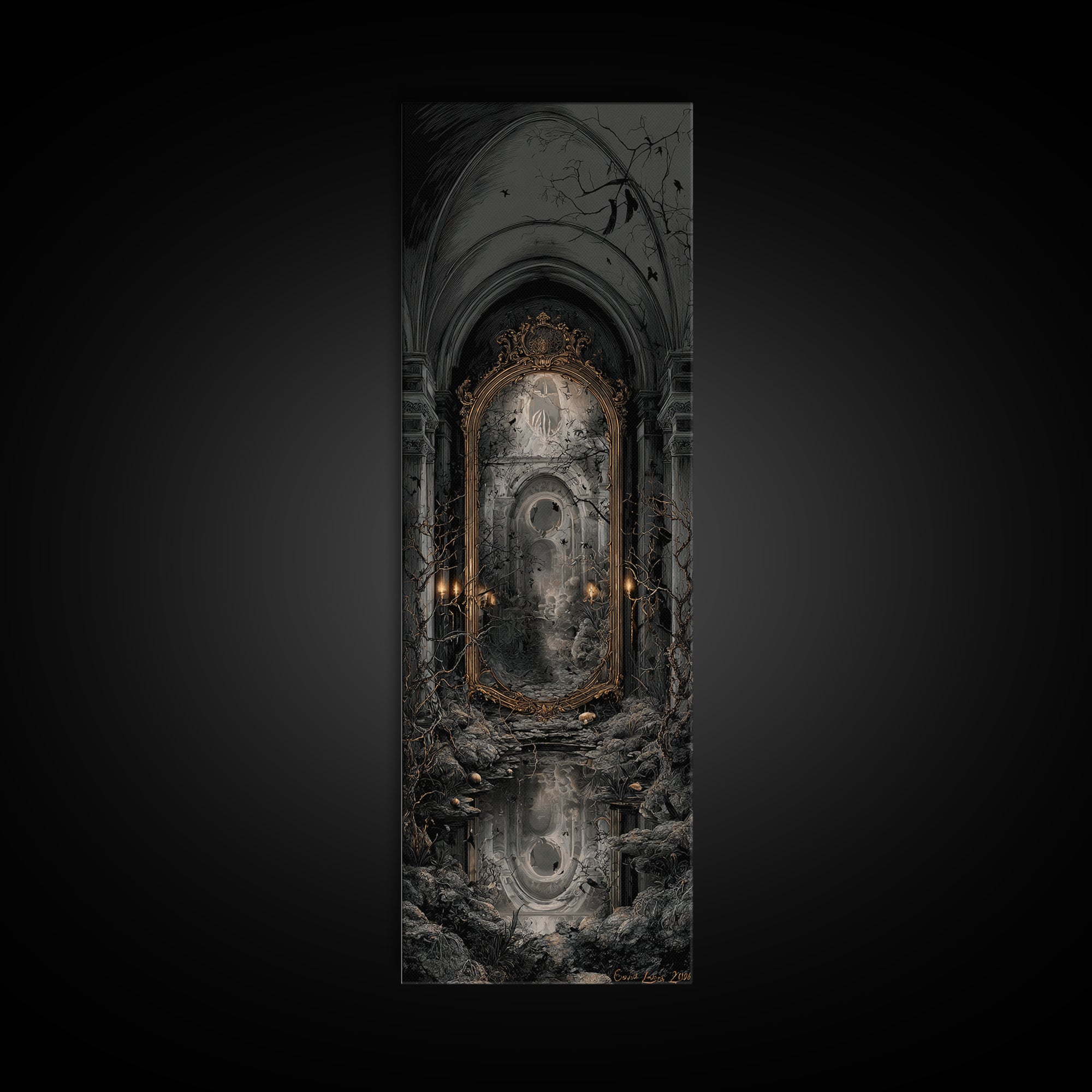 The Cursed Mirror, Tall Narrow Wall Art, Gothic Horror Wall Art, Framed Canvas Print, Halloween Wall Decor, Gothic Home Decor