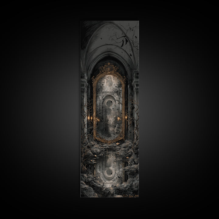The Cursed Mirror, Tall Narrow Wall Art, Gothic Horror Wall Art, Framed Canvas Print, Halloween Wall Decor, Gothic Home Decor