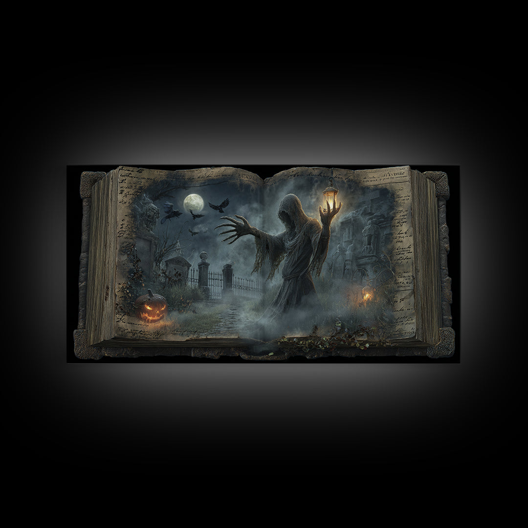 The Living Spellbook, Wide Panoramic Art, Macabre Wall Art, Framed Canvas Print, Halloween Wall Decor, Gothic Home Decor, Dark Fantasy Art