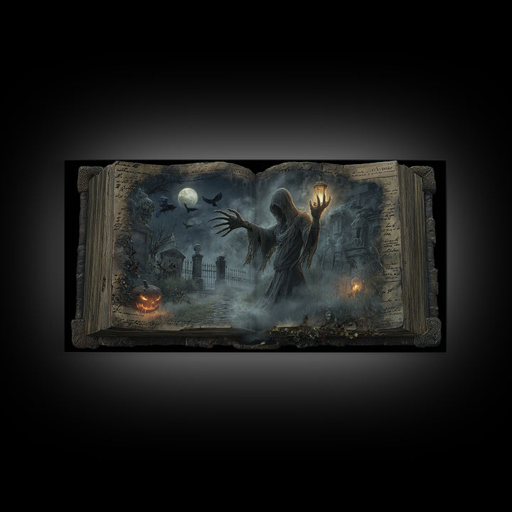 The Living Spellbook, Wide Panoramic Art, Macabre Wall Art, Framed Canvas Print, Halloween Wall Decor, Gothic Home Decor, Dark Fantasy Art