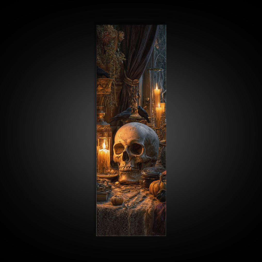 The Talking Skull, Tall Narrow Wall Art, Gothic Horror Wall Art, Framed Canvas Print, Halloween Wall Decor, Gothic Home Decor