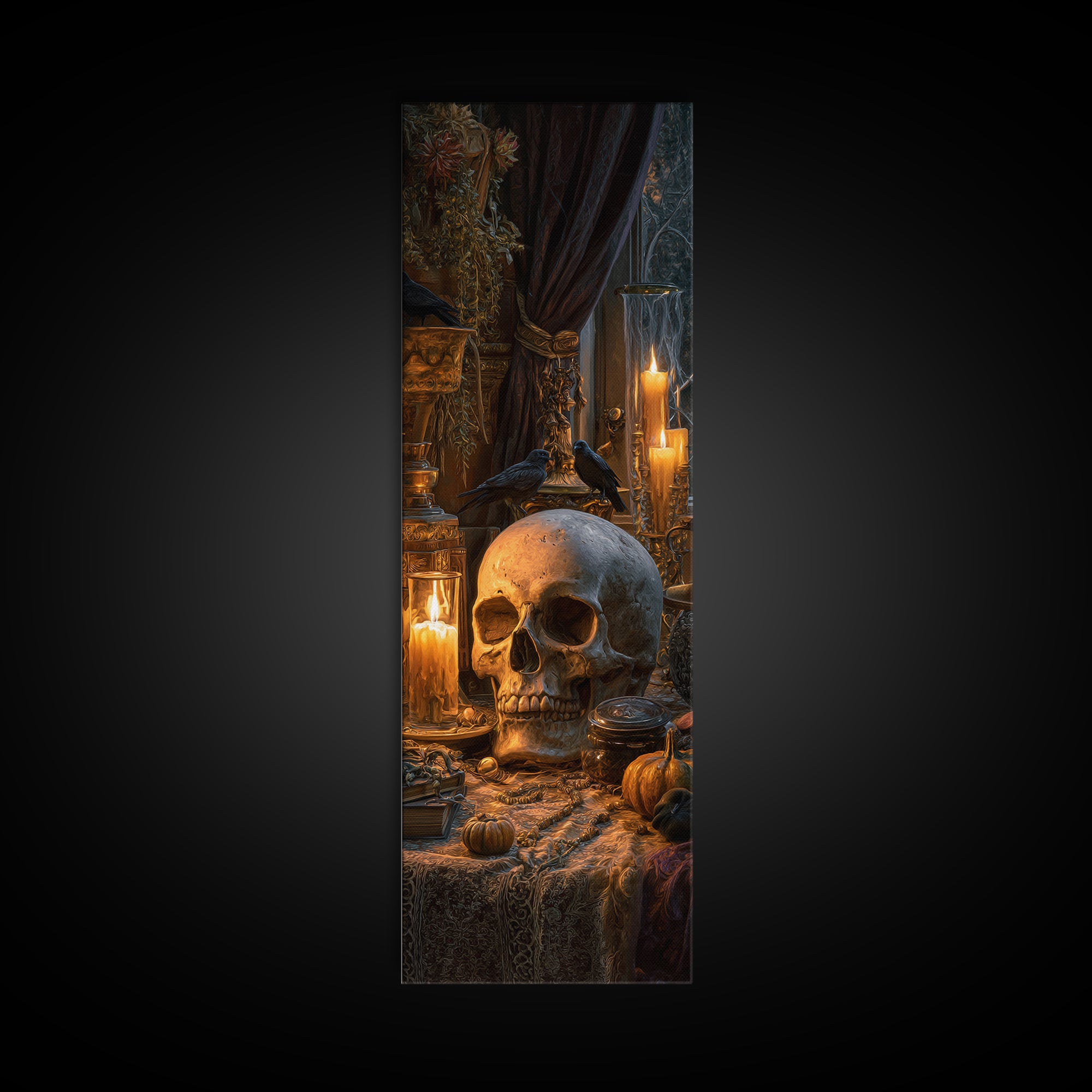 The Talking Skull, Tall Narrow Wall Art, Gothic Horror Wall Art, Framed Canvas Print, Halloween Wall Decor, Gothic Home Decor