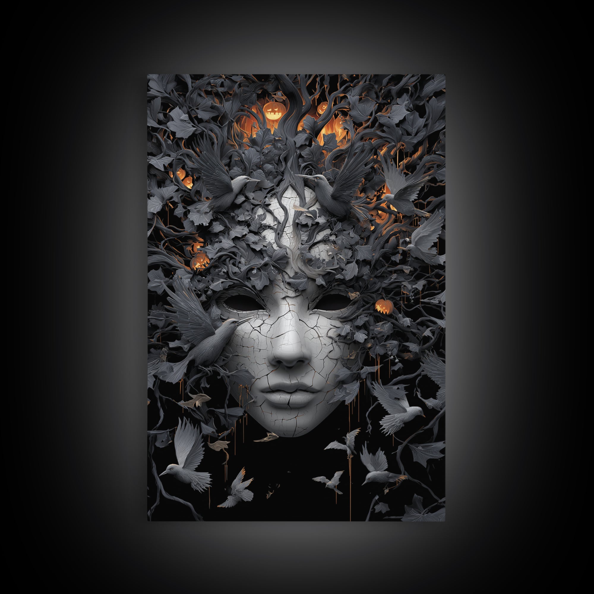 The Cracked Porcelain Mask, Vertical Wall Art, Dark Halloween Decor, Canvas Print, Halloween Wall Decor, Gothic Home Decor