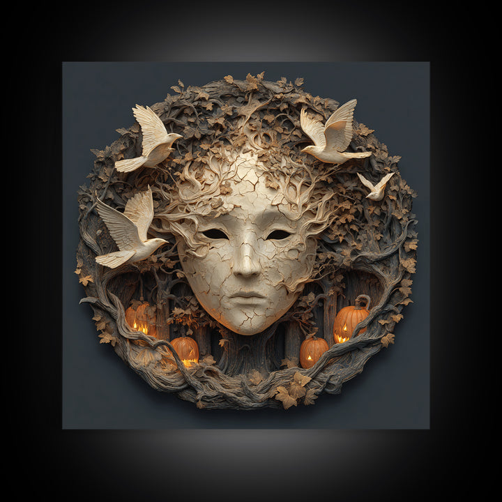 The Cracked Porcelain Mask, Square Wall Art, Haunted Gothic Art, Framed Canvas Print, Halloween Wall Decor, Gothic Home Decor