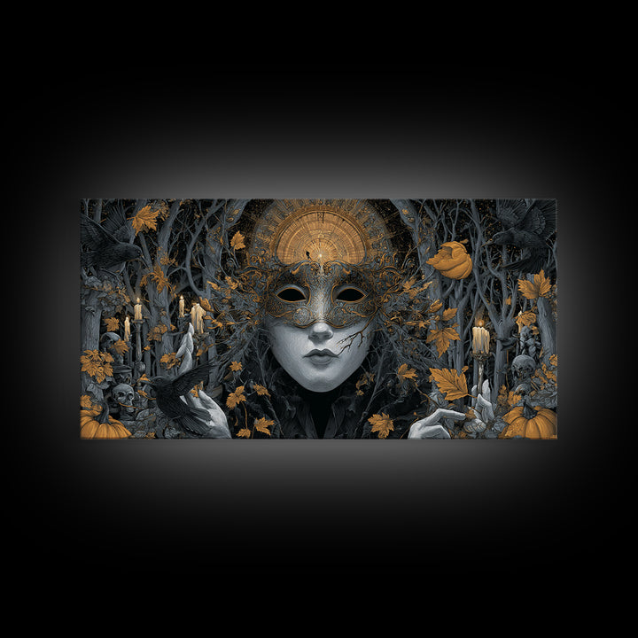 The Cracked Porcelain Mask, Wide Panoramic Art, Haunted Gothic Art, Framed Canvas Print, Halloween Wall Decor, Gothic Home Decor