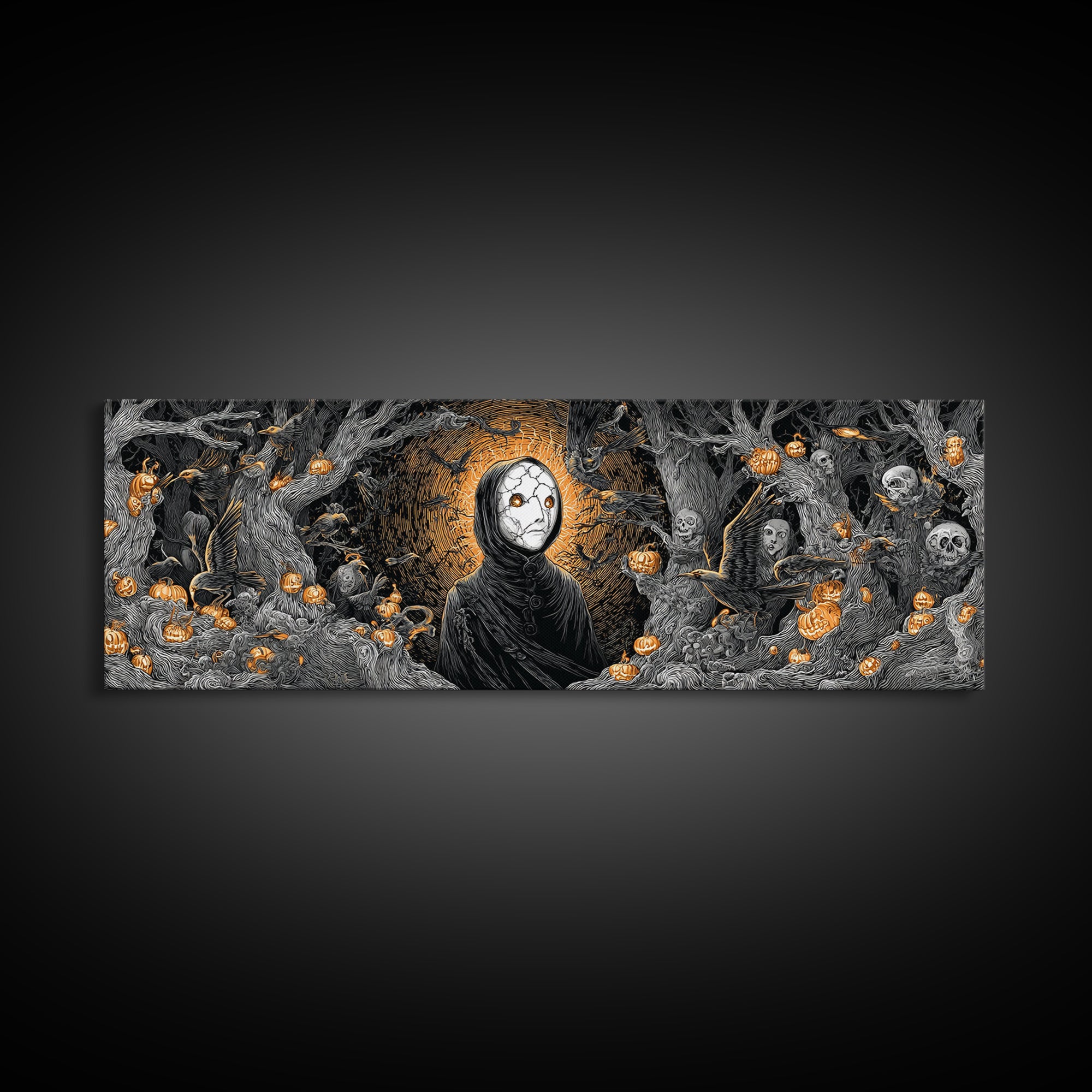 The Cracked Porcelain Mask, Extra Wide Wall Art, Haunted Gothic Art, Framed Canvas Print, Halloween Wall Decor, Gothic Home Decor