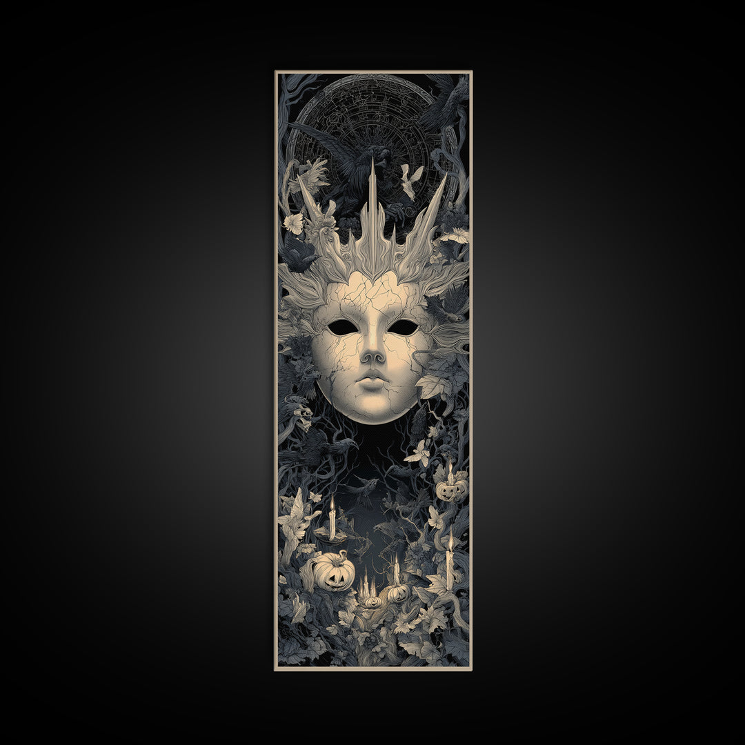 The Cracked Porcelain Mask, Tall Narrow Wall Art, Dark Halloween Decor, Canvas Print, Halloween Wall Decor, Gothic Home Decor