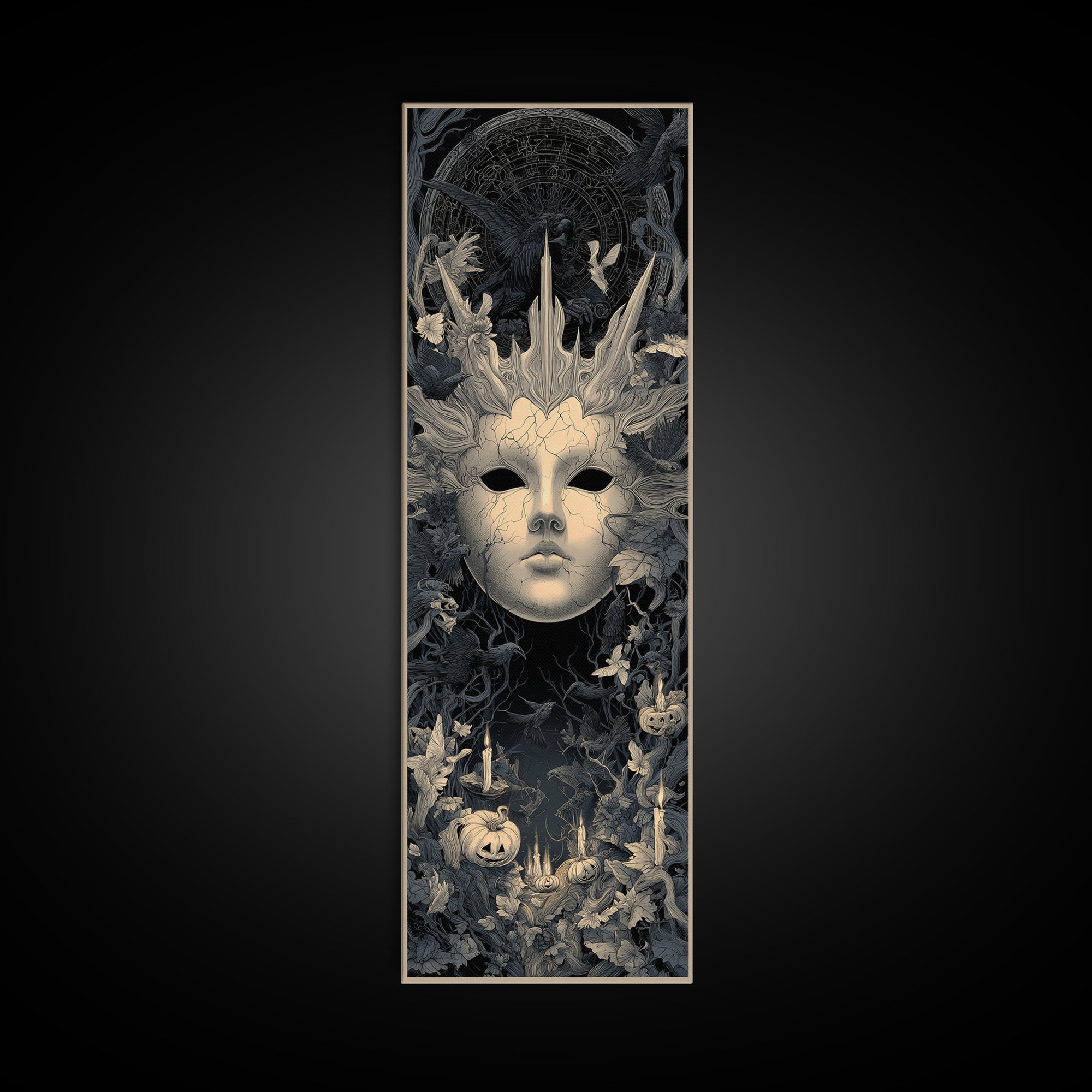 The Cracked Porcelain Mask, Tall Narrow Wall Art, Dark Halloween Decor, Canvas Print, Halloween Wall Decor, Gothic Home Decor