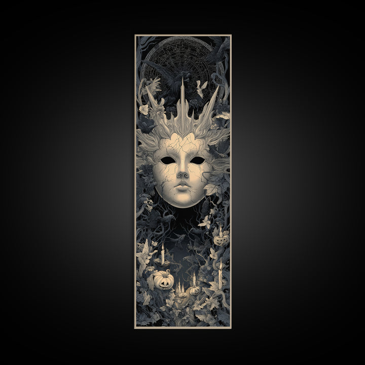 The Cracked Porcelain Mask, Tall Narrow Wall Art, Dark Halloween Decor, Canvas Print, Halloween Wall Decor, Gothic Home Decor