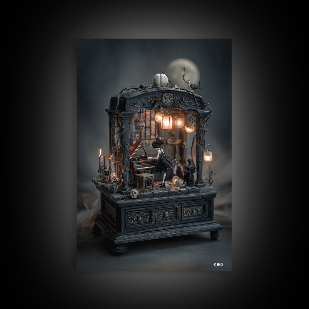 The Haunted Music Box, Vertical Wall Art, Spooky Home Decor, Canvas Print, Halloween Wall Decor, Gothic Home Decor, Dark Fantasy Art