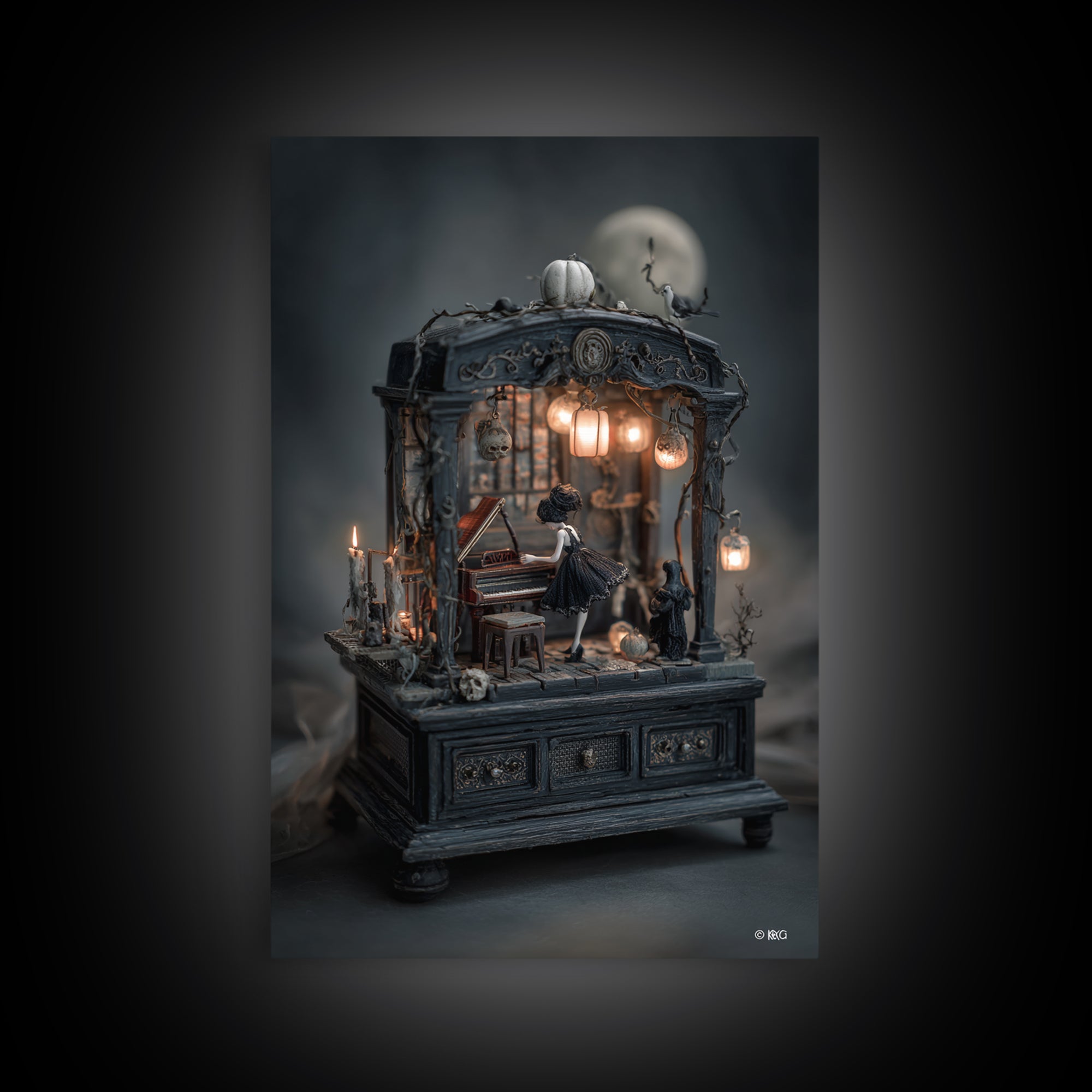 The Haunted Music Box, Vertical Wall Art, Spooky Home Decor, Canvas Print, Halloween Wall Decor, Gothic Home Decor, Dark Fantasy Art