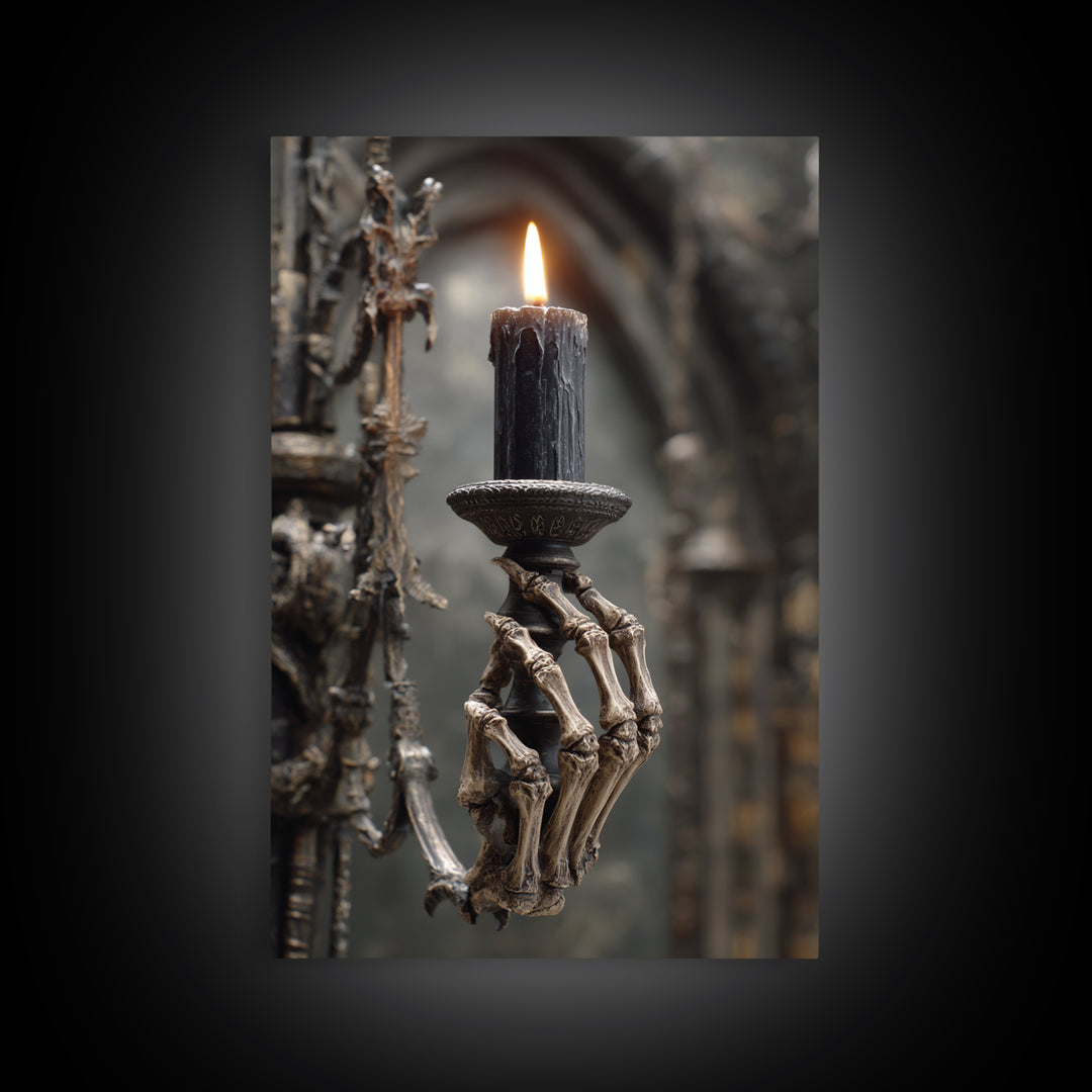 The Skeletal Hand Candleholder, Vertical Wall Art, Macabre Wall Art, Framed Canvas Print, Halloween Wall Decor, Gothic Home Decor