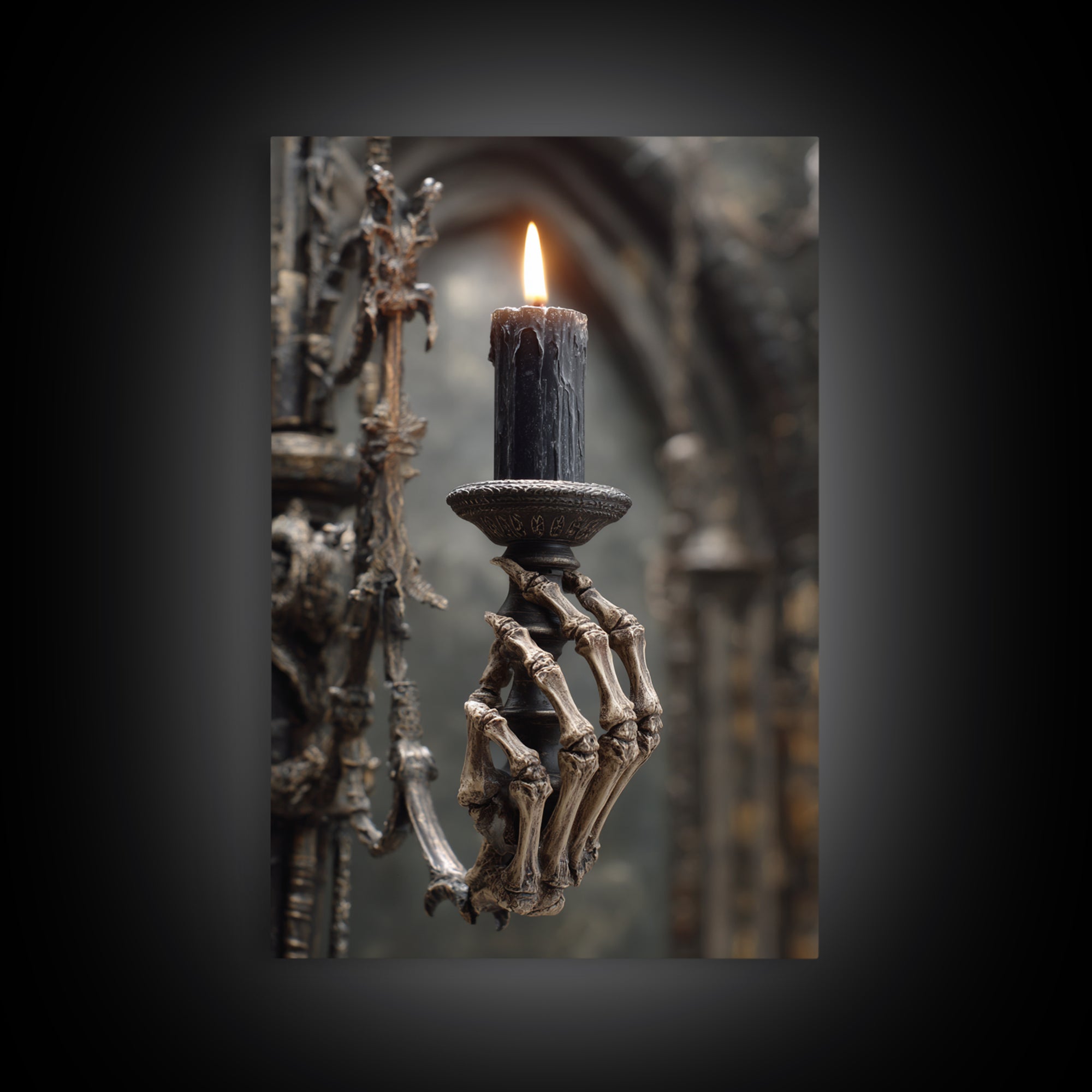 The Skeletal Hand Candleholder, Vertical Wall Art, Macabre Wall Art, Framed Canvas Print, Halloween Wall Decor, Gothic Home Decor