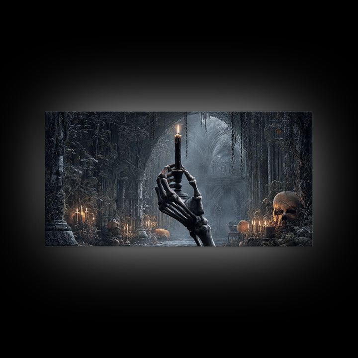 The Skeletal Hand Candleholder, Wide Panoramic Art, Spooky Home Decor, Canvas Print, Halloween Wall Decor, Gothic Home Decor